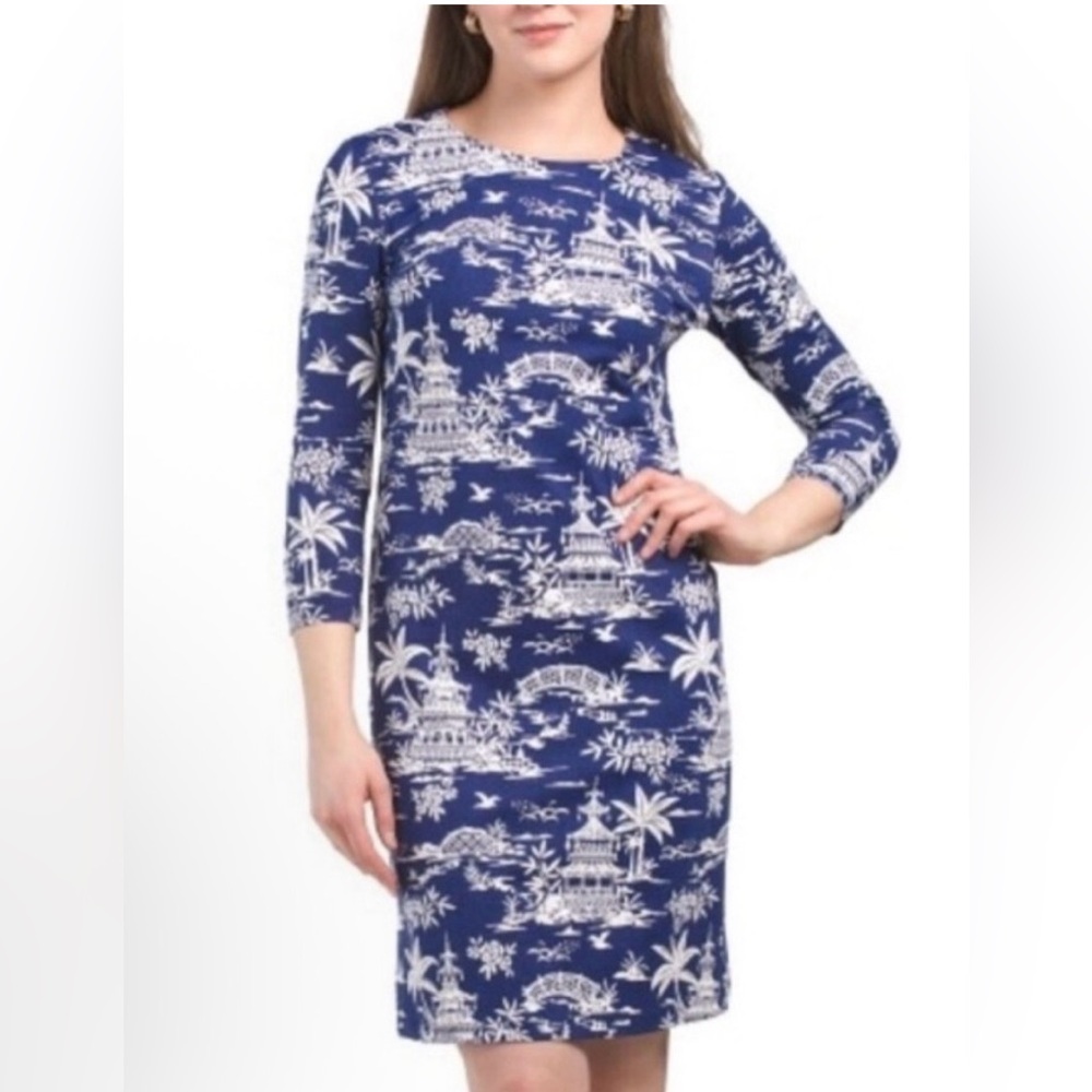 J McLaughlin Sophia Dress Tongsai Palms Size Medium Navy & White Catalina Cloth